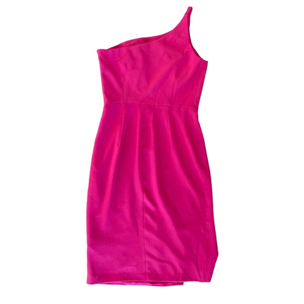 Dress The Population Asymmetrical Neckline Sheath Midi Dress in Fuschia - Picture 2 of 8